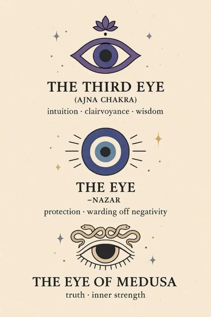 _ - 2026-01-10T233145496 Illustration of symbolic eyes: Third Eye for intuition, Nazar for protection, and Eye of Medusa for truth. Spiritual meanings and strength. | Sky Rye Design Illustration of symbolic eyes: Third Eye for intuition, Nazar for protection, and Eye of Medusa for truth. Spiritual meanings and strength.