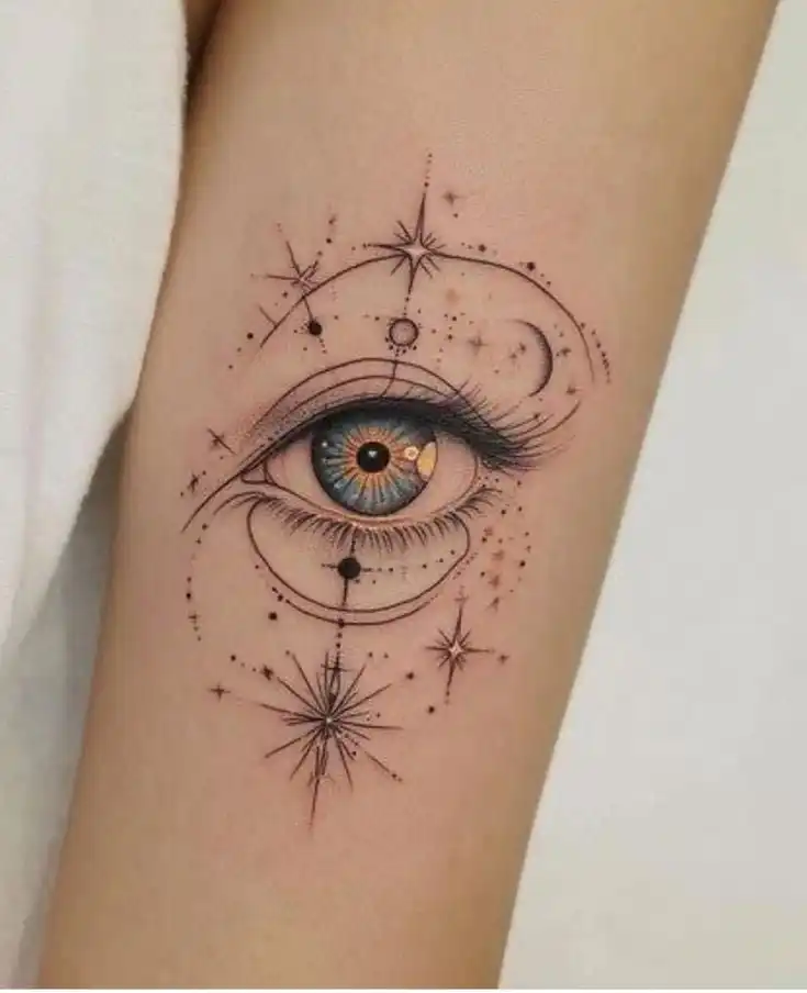 _ - 2026-01-10T233849398 Tattoo of a realistic blue eye with celestial designs and stars on the skin, blending art and astronomy. | Sky Rye Design Tattoo of a realistic blue eye with celestial designs and stars on the skin, blending art and astronomy.