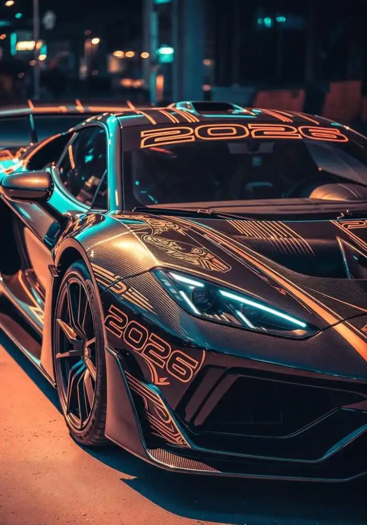 Futuristic sports car with neon 2026 design, parked in an urban setting, showcasing sleek lines and innovative headlights in bright lighting.