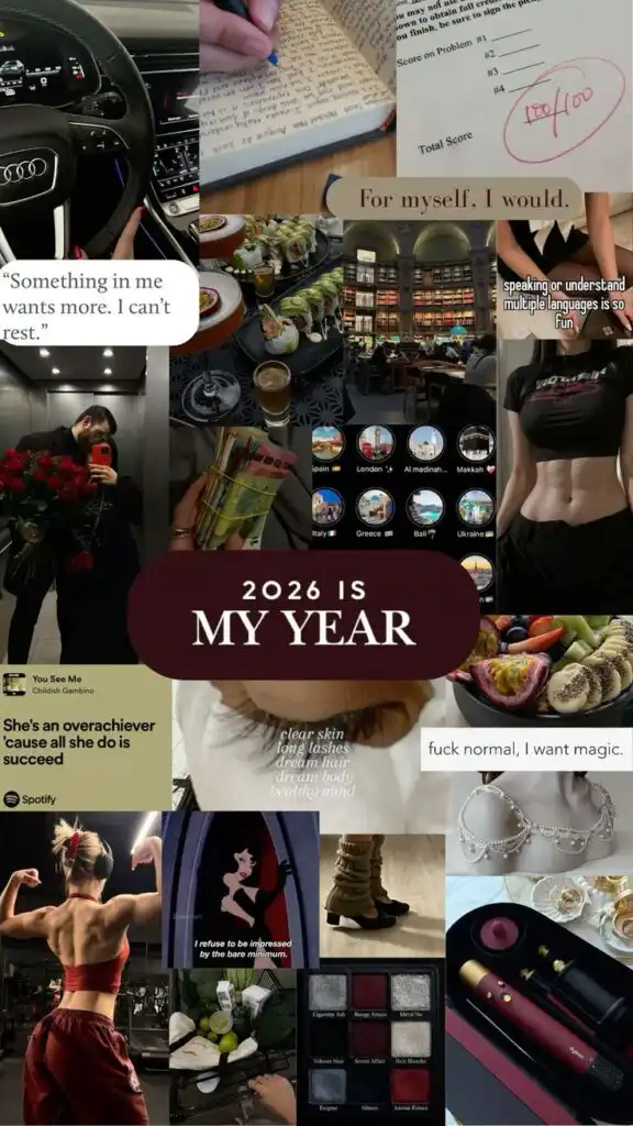 Vision board for 2026 with themes of ambition, fitness, luxury, self-improvement, and travel. Includes quotes, food, and fashion.