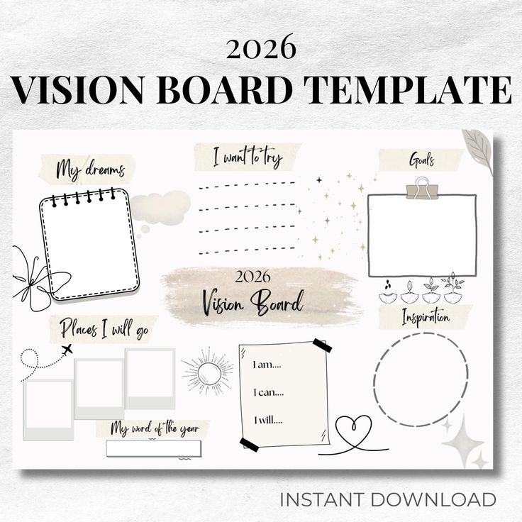 2026 Vision Board Printable _ Landscape Goal Setting Digital Download 2026 Vision Board Template with sections for dreams, goals, and inspiration. Easy to fill and customize for personal growth. Instant download. | Sky Rye Design 2026 Vision Board Template with sections for dreams, goals, and inspiration. Easy to fill and customize for personal growth. Instant download.