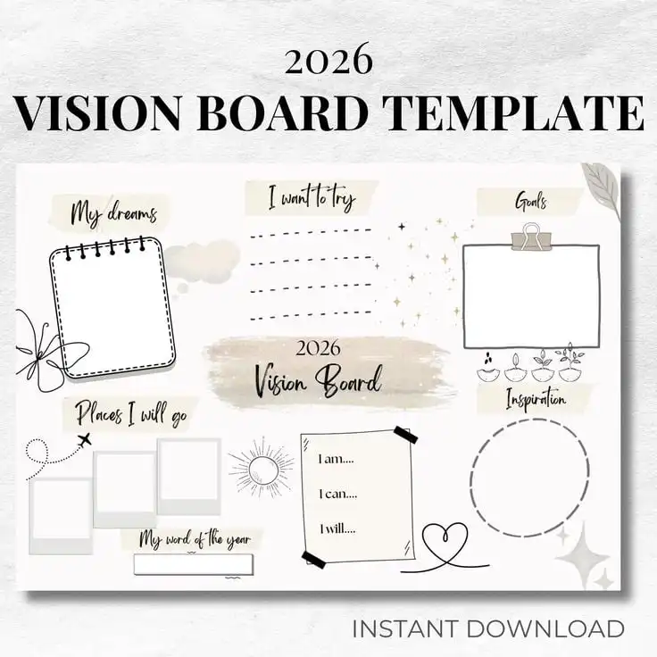 2026 Vision Board Printable _ Landscape Goal Setting Digital Download 2026 Vision Board Template with sections for dreams, goals, and inspiration. Easy to fill and customize for personal growth. Instant download. | Sky Rye Design 2026 Vision Board Template with sections for dreams, goals, and inspiration. Easy to fill and customize for personal growth. Instant download.