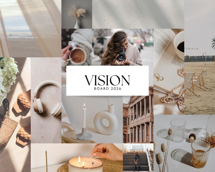 2026 Vision Board Printable _ Photo Vision Board Template _ Goal Dream Planning _ Print _ A3 Format Vision board 2026 featuring serene beach, cozy coffee, camera, candles, headphones, and elegant architecture for inspiration. | Sky Rye Design Vision board 2026 featuring serene beach, cozy coffee, camera, candles, headphones, and elegant architecture for inspiration.