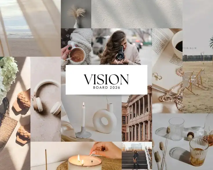 2026 Vision Board Printable _ Photo Vision Board Template _ Goal Dream Planning _ Print _ A3 Format Vision board 2026 featuring serene beach, cozy coffee, camera, candles, headphones, and elegant architecture for inspiration. | Sky Rye Design Vision board 2026 featuring serene beach, cozy coffee, camera, candles, headphones, and elegant architecture for inspiration.