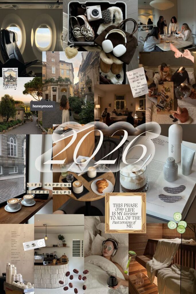 2026 vision board Collage of travel, relaxation, and coffee with the text 2026. Features a plane window, coffee, and cozy indoor scenes. | Sky Rye Design Collage of travel, relaxation, and coffee with the text 2026. Features a plane window, coffee, and cozy indoor scenes.