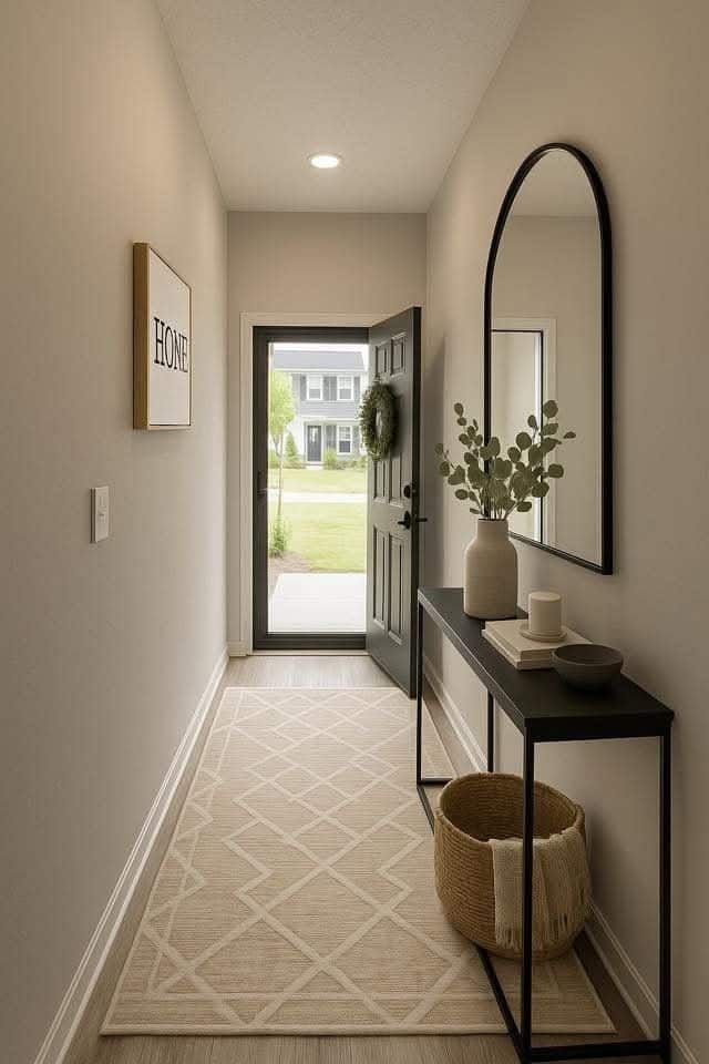 _ 21 Modern entryway with a black door, decorative console table, large mirror, and greenery, leading to a bright lawn view. | Sky Rye Design Modern entryway with a black door, decorative console table, large mirror, and greenery, leading to a bright lawn view.