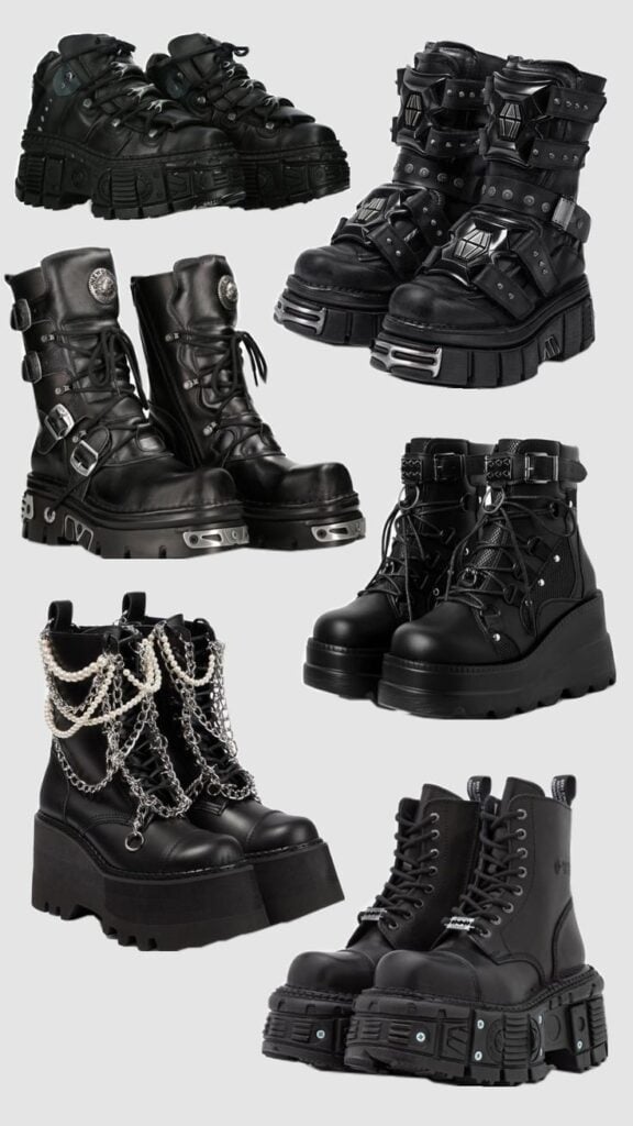 _ 21 Various styles of black gothic platform boots featuring chains, buckles, and studs, ideal for alternative and edgy fashion | Sky Rye Design Various styles of black gothic platform boots featuring chains, buckles, and studs, ideal for alternative and edgy fashion