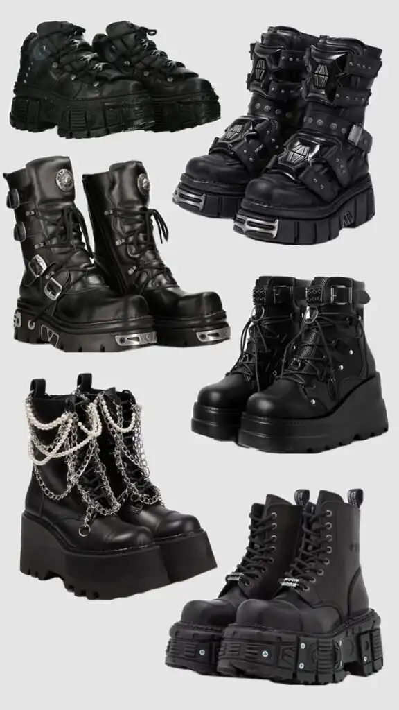 Various styles of black gothic platform boots featuring chains, buckles, and studs, ideal for alternative and edgy fashion