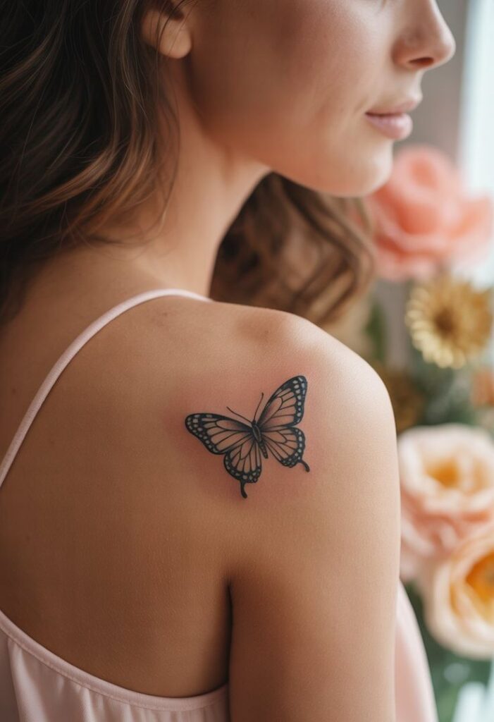 21 Cute Small Shoulder Tattoo Ideas for Women Woman with a butterfly tattoo on shoulder, wearing a pink top. Background features soft-focus flowers, highlighting the detailed tattoo design. | Sky Rye Design Woman with a butterfly tattoo on shoulder, wearing a pink top. Background features soft-focus flowers, highlighting the detailed tattoo design.