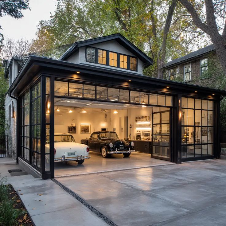 21 Detached Garage Ideas Modern garage with glass doors showcasing two vintage cars inside, surrounded by trees and a stylish home exterior. | Sky Rye Design Modern garage with glass doors showcasing two vintage cars inside, surrounded by trees and a stylish home exterior.