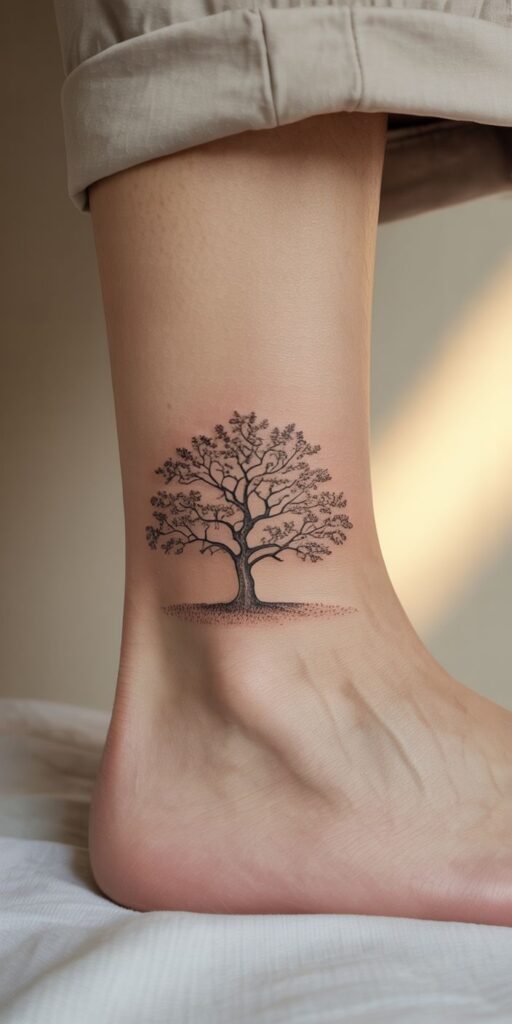 21 Oak Tree Tattoo Ideas Minimalist tree tattoo on ankle, showcasing intricate branches. Perfect for nature lovers seeking subtle, meaningful body art. | Sky Rye Design Minimalist tree tattoo on ankle, showcasing intricate branches. Perfect for nature lovers seeking subtle, meaningful body art.