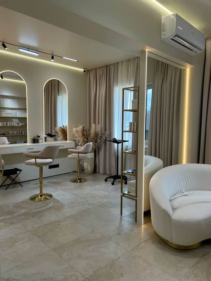 Elegant beauty salon interior with stylish chairs, mirrors, and decor. Soft lighting creates a welcoming and luxurious atmosphere.