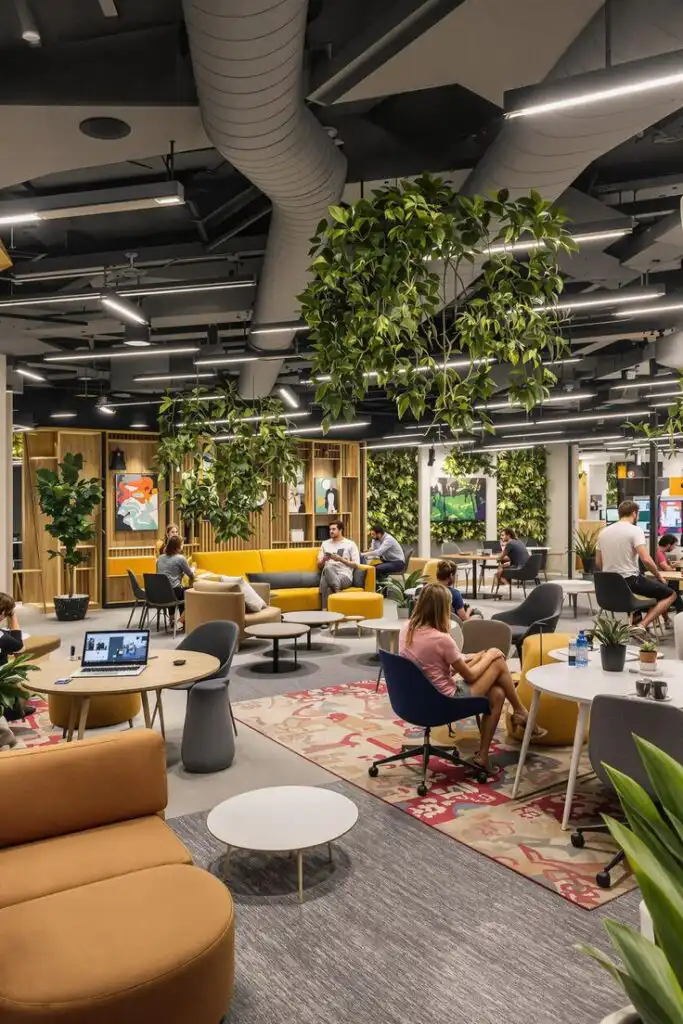 Modern coworking space with plants and people collaborating, featuring stylish furniture and vibrant decor for a creative work environment.