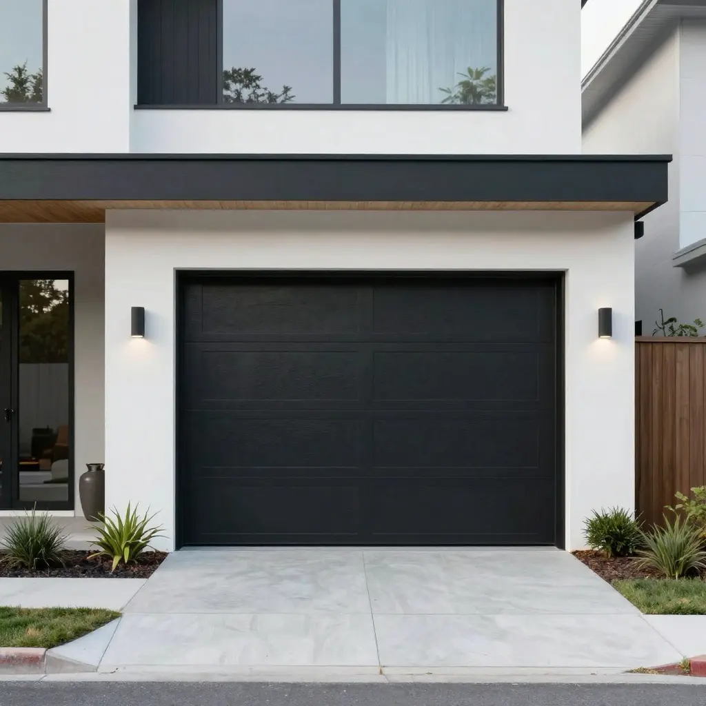Modern house exterior with black garage door, large window, and minimalist landscaping. Clean lines and contemporary design.
