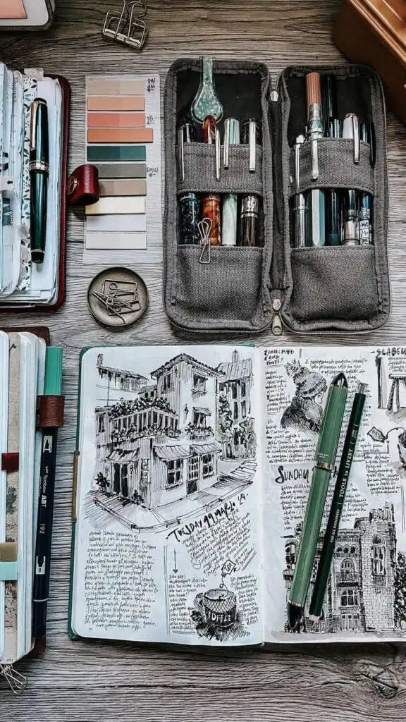 Open sketchbook with architectural drawings, surrounded by pens, color swatches, and clips on a wooden desk. Artistic workspace setup.