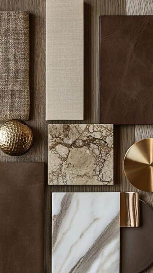 _ 23 Elegant flatlay of various textures and finishes, including leather, marble, and metal, ideal for interior design inspiration. | Sky Rye Design Elegant flatlay of various textures and finishes, including leather, marble, and metal, ideal for interior design inspiration.