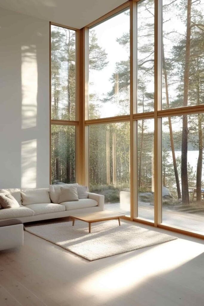 _ 23 Spacious modern living room with large windows, cozy sofa, and forest views, showcasing elegant minimalist design and natural light. | Sky Rye Design Spacious modern living room with large windows, cozy sofa, and forest views, showcasing elegant minimalist design and natural light.