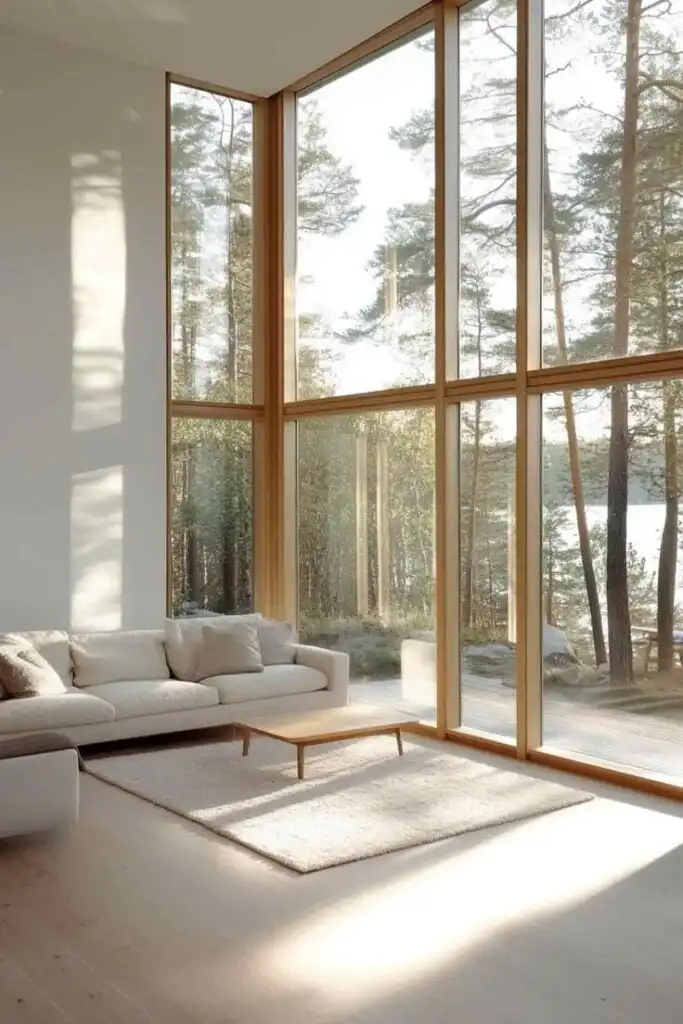 _ 23 Spacious modern living room with large windows, cozy sofa, and forest views, showcasing elegant minimalist design and natural light. | Sky Rye Design Spacious modern living room with large windows, cozy sofa, and forest views, showcasing elegant minimalist design and natural light.