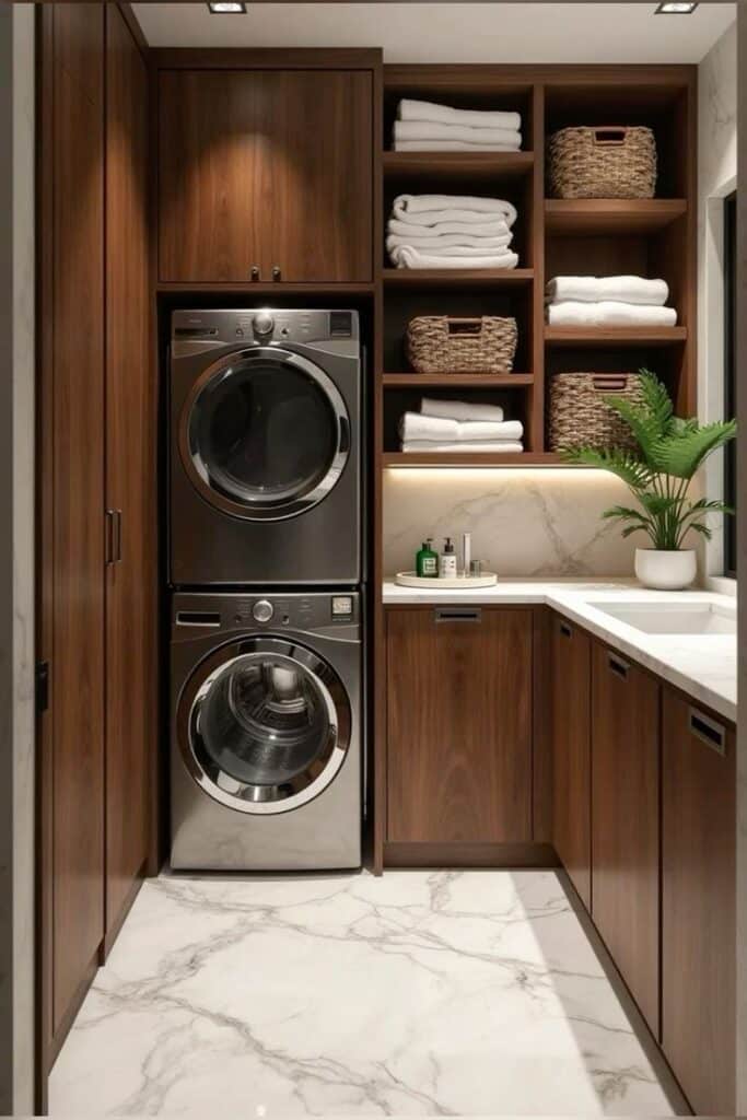 _ 23 Modern laundry room with stacked washer and dryer, wooden cabinets, storage shelves, and a sleek countertop with potted plant decor. | Sky Rye Design Modern laundry room with stacked washer and dryer, wooden cabinets, storage shelves, and a sleek countertop with potted plant decor.