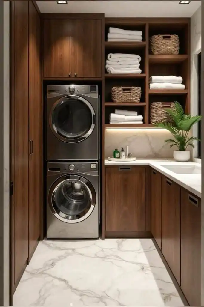 _ 23 Modern laundry room with stacked washer and dryer, wooden cabinets, storage shelves, and a sleek countertop with potted plant decor. | Sky Rye Design Modern laundry room with stacked washer and dryer, wooden cabinets, storage shelves, and a sleek countertop with potted plant decor.