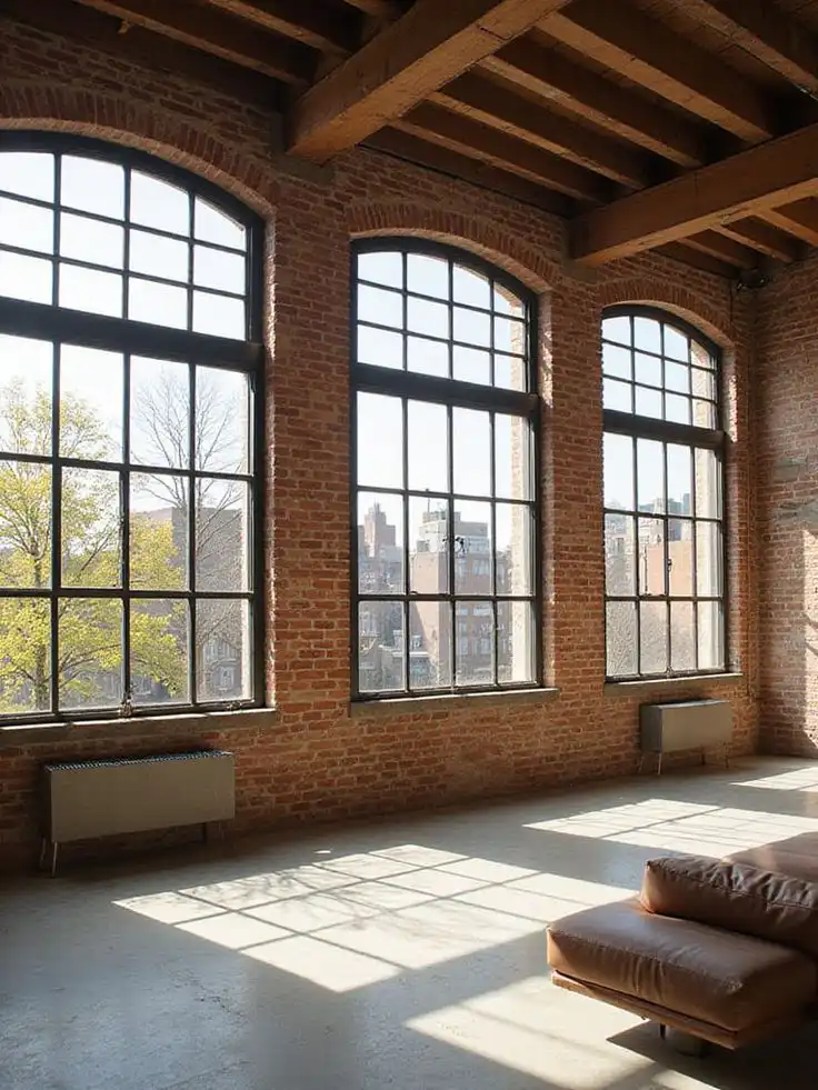 24 Industrial Living Room Designs That Break the Mold 1 Loft with large brick walls and arched windows, featuring a leather sofa and view of urban skyline. Bright natural light fills the space. | Sky Rye Design Loft with large brick walls and arched windows, featuring a leather sofa and view of urban skyline. Bright natural light fills the space.