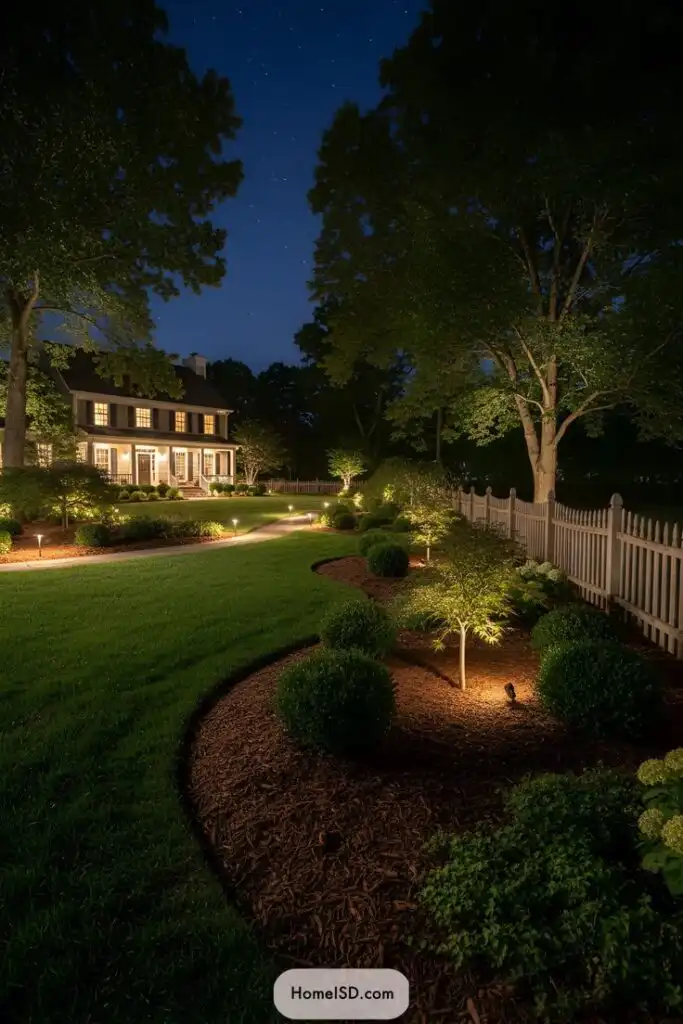 Charming house exterior at night with well-lit pathway and lush garden landscape under a starry sky.