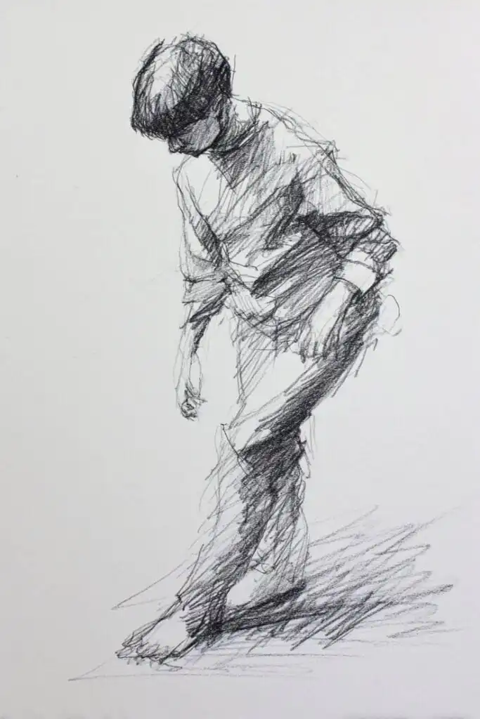 Sketch of a person in motion, captured in dynamic pencil strokes. Expressive drawing depicting movement and form.