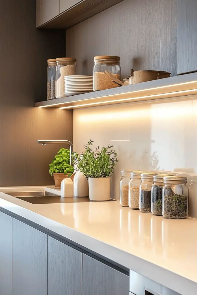 25 Small Kitchen Remodel Ideas That Maximize Style - Shower Redefined Modern kitchen with sleek countertops, spice jars, potted herbs, and under-cabinet lighting for a clean, organized cooking space. | Sky Rye Design Modern kitchen with sleek countertops, spice jars, potted herbs, and under-cabinet lighting for a clean, organized cooking space.