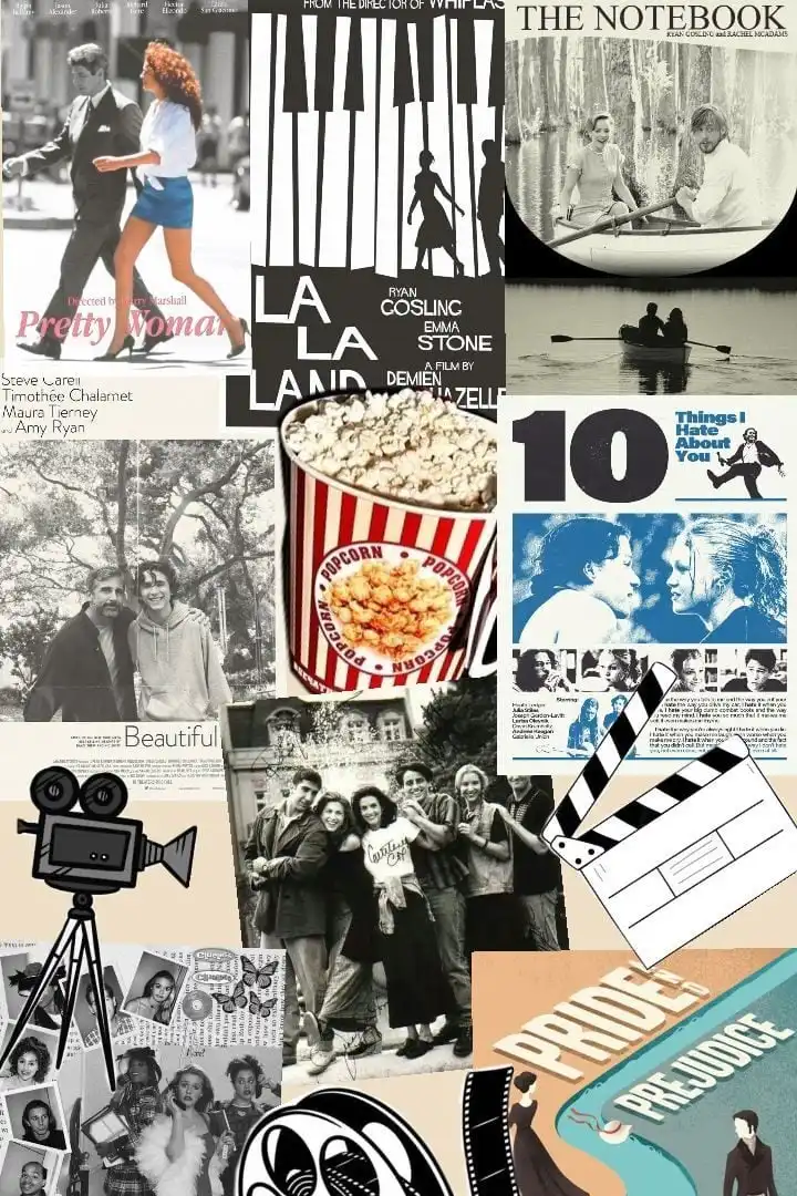 250b3853-b566-4def-8cde-2d7f687dc4d8 Collage of romantic movie posters including Pretty Woman, La La Land, The Notebook, and more, with popcorn and film-themed graphics. | Sky Rye Design Collage of romantic movie posters including Pretty Woman, La La Land, The Notebook, and more, with popcorn and film-themed graphics.