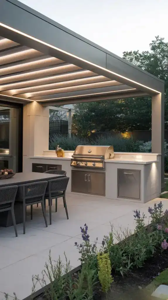 Modern outdoor kitchen with grill under sleek pergola, adjacent to dining area and lush garden, illuminated by ambient