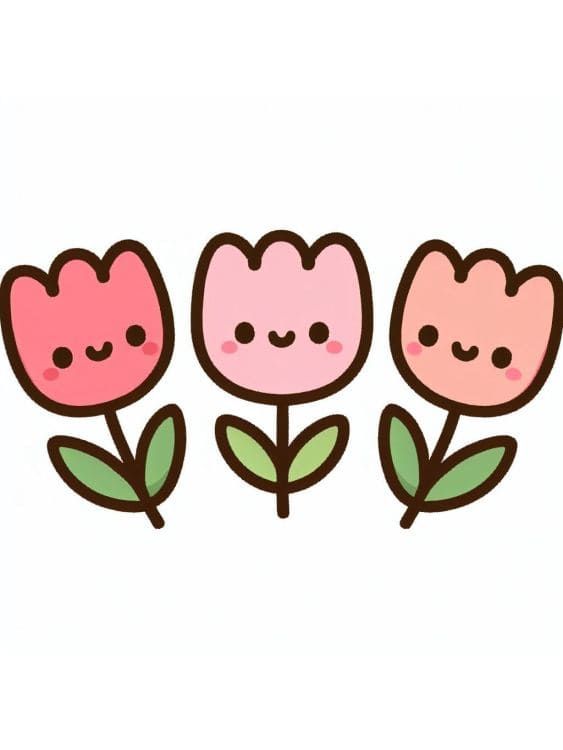 Cute kawaii-style illustration of three smiling tulip flowers in pink shades, each with bright green leaves on a simple