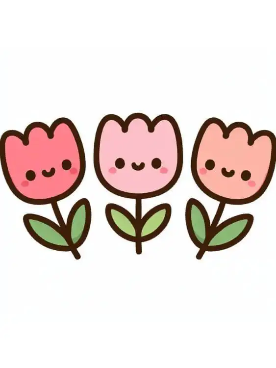 Cute kawaii-style illustration of three smiling tulip flowers in pink shades, each with bright green leaves on a simple
