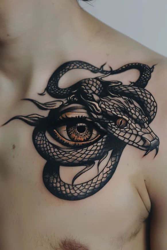 26+ Unique Eye Tattoos With Incredible Details Intricate snake and eye tattoo design on chest, showcasing detailed scales and piercing iris on light skin. | Sky Rye Design Intricate snake and eye tattoo design on chest, showcasing detailed scales and piercing iris on light skin.