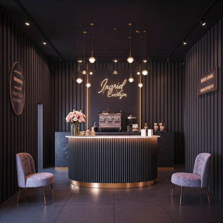 _ 26 Stylish cafe interior with dark walls, neon sign, hanging lights, elegant round counter, flowers, and plush chairs for a cozy ambience. | Sky Rye Design Stylish cafe interior with dark walls, neon sign, hanging lights, elegant round counter, flowers, and plush chairs for a cozy ambience.