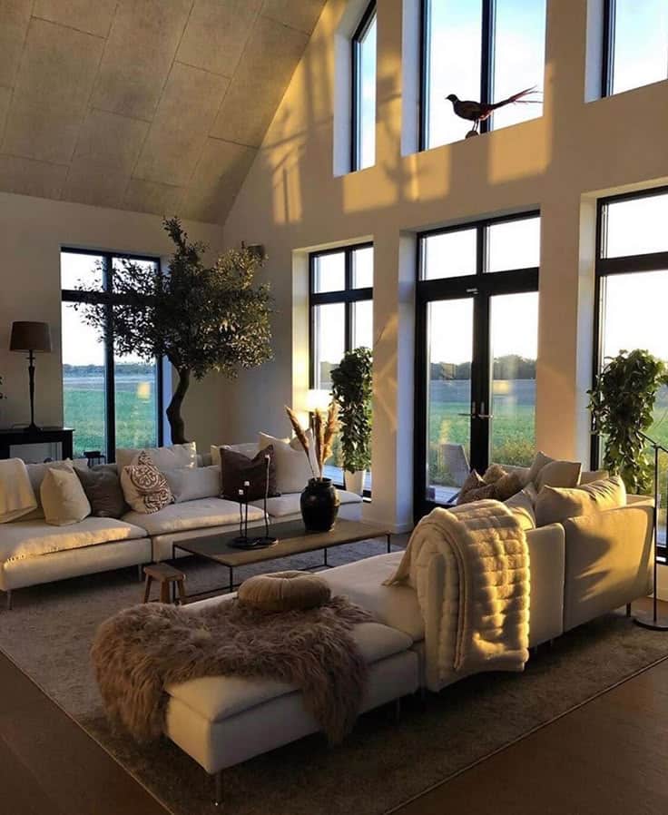 _ 27 Modern living room with large windows, cozy sofas, and natural light. Decor includes plants, cushions, and throws creating a warm, inviting space. | Sky Rye Design Modern living room with large windows, cozy sofas, and natural light. Decor includes plants, cushions, and throws creating a warm, inviting space.