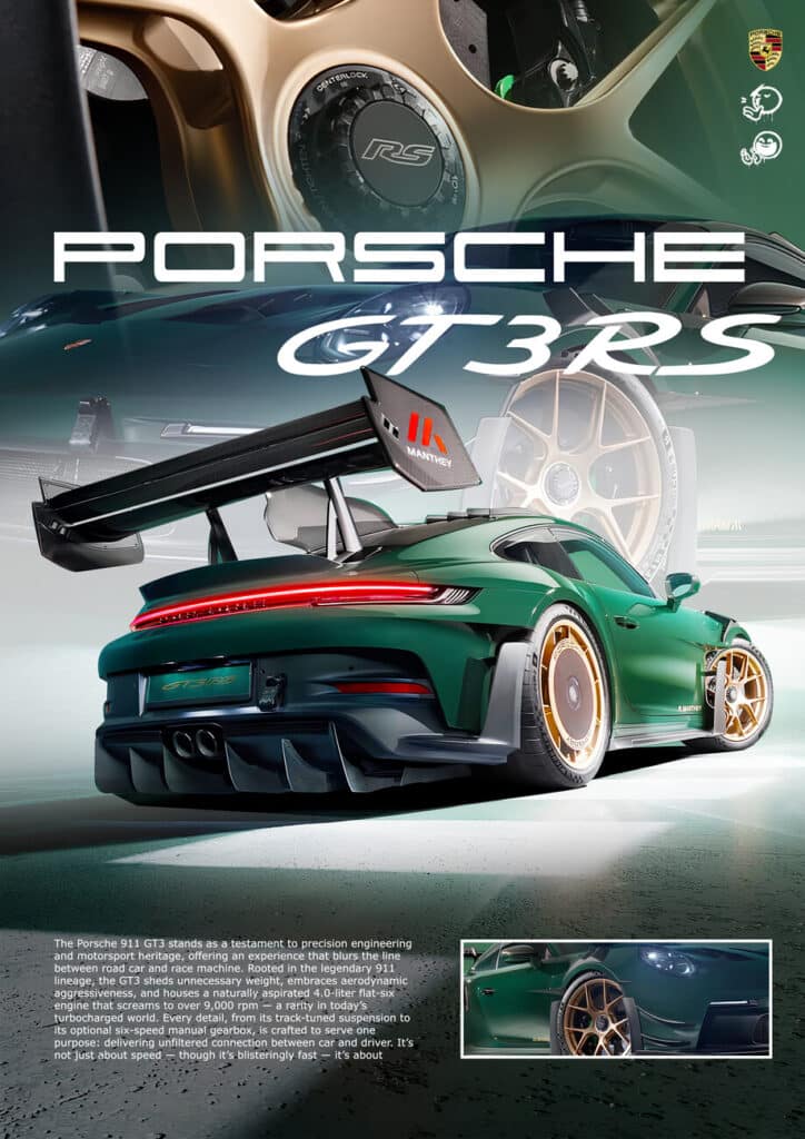 Porsche GT3 RS promotional image showcasing the car's rear design, logo, and aerodynamic features with a green and gold