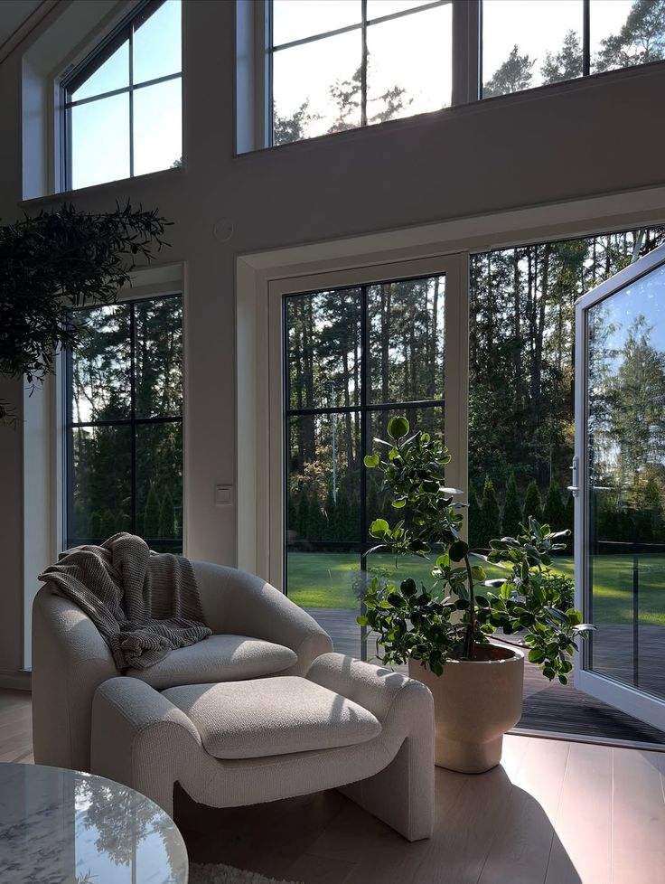 _ 28 Cozy modern interior with armchair, throw blanket, and potted plant by sunlight-filled floor-to-ceiling windows, overlooking a lush garden. | Sky Rye Design Cozy modern interior with armchair, throw blanket, and potted plant by sunlight-filled floor-to-ceiling windows, overlooking a lush garden.