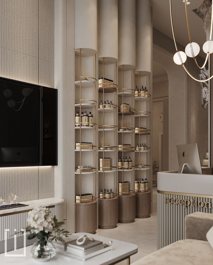 _ 28 Elegant modern interior with sleek shelving, luxury products, and chic reception desk in a stylish, minimalistic design. | Sky Rye Design Elegant modern interior with sleek shelving, luxury products, and chic reception desk in a stylish, minimalistic design.