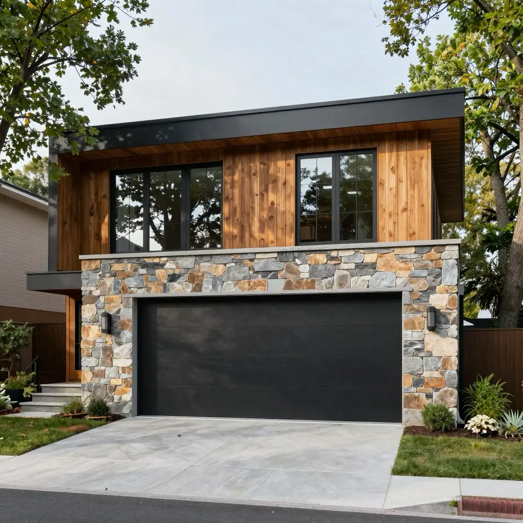 Modern two-story house with wood and stone facade, large windows, and a sleek black garage door surrounded by greenery.