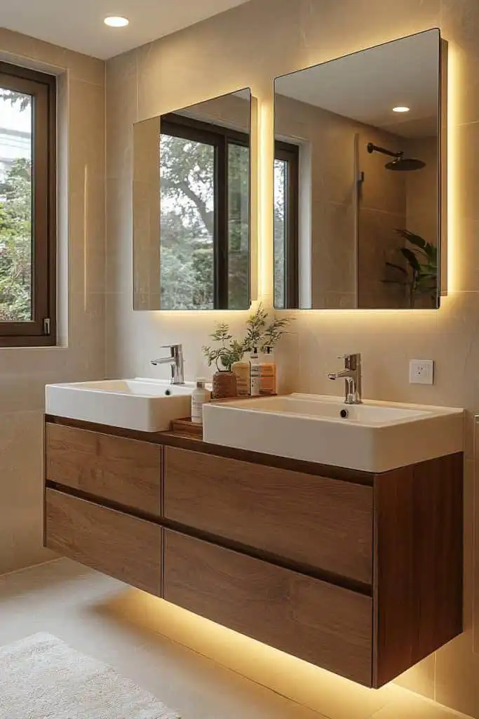 Modern bathroom with dual sinks, wooden vanity, illuminated mirrors, and large windows. Stylish and functional interior