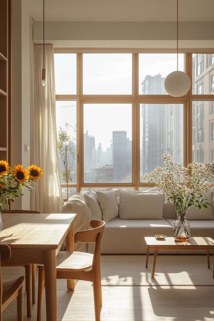 29 Serene Organic Bedrooms That Radiate Calm and Comfort Bright, modern living room with city view, featuring sunflowers and minimalistic decor. Warm wooden furniture and natural light fill the space. | Sky Rye Design Bright, modern living room with city view, featuring sunflowers and minimalistic decor. Warm wooden furniture and natural light fill the space.