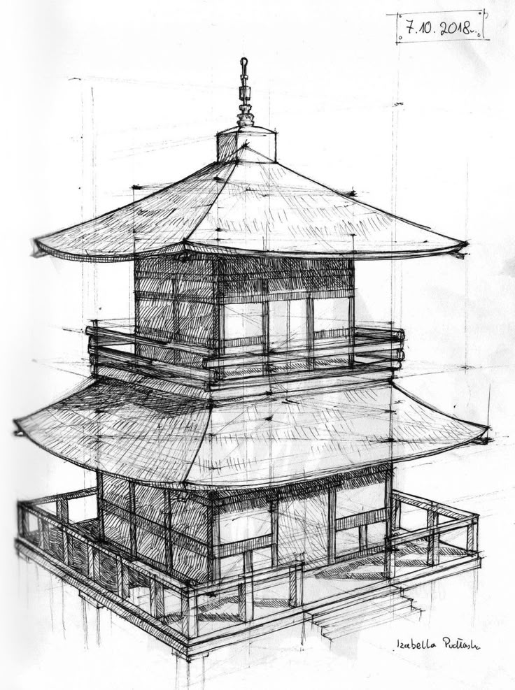 _ 29 Hand-drawn sketch of traditional Japanese pagoda architecture showing intricate roof and structure details, dated 7.10.2018. | Sky Rye Design Hand-drawn sketch of traditional Japanese pagoda architecture showing intricate roof and structure details, dated 7.10.2018.