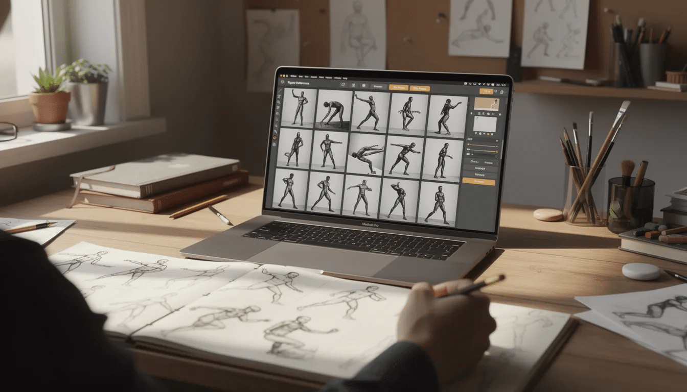 An artist is focused on their laptop, drawing gesture poses inspired by figure drawing references displayed on the screen, which showcase diverse models in various dynamic positions. The scene highlights the importance of human anatomy and facial expressions in creating artwork, serving as a helpful tool for artists to practice and explore new poses.