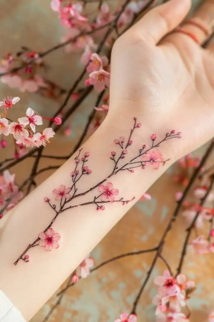 2e023d92-3533-40b0-add4-172b993ceee4 Cherry blossom tattoo on wrist, featuring delicate pink flowers, surrounded by blooming branches on a patterned background. | Sky Rye Design Cherry blossom tattoo on wrist, featuring delicate pink flowers, surrounded by blooming branches on a patterned background.