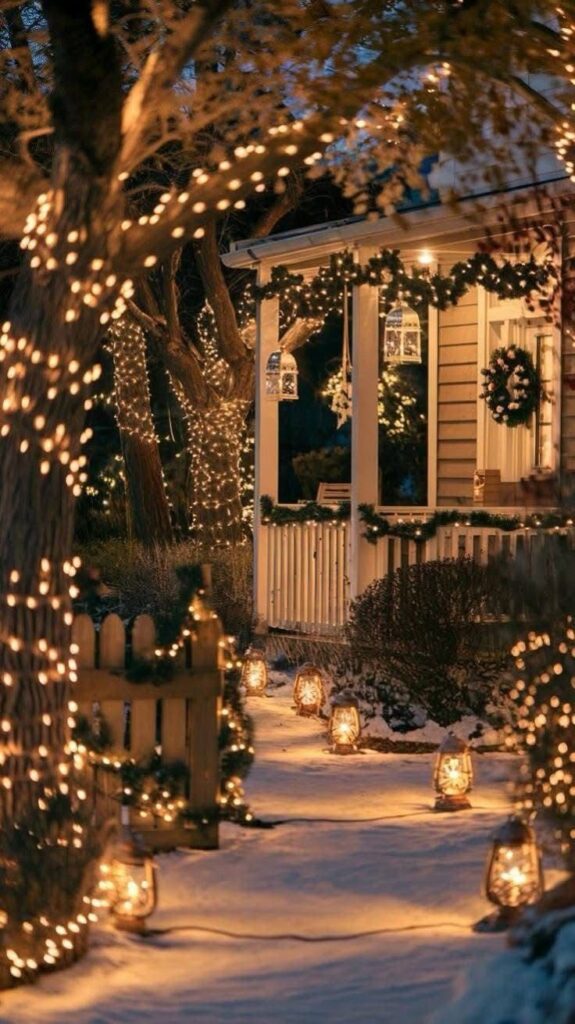 _ 3 Cozy winter porch adorned with festive string lights and lanterns, creating a warm and inviting holiday ambiance in the snow. | Sky Rye Design Cozy winter porch adorned with festive string lights and lanterns, creating a warm and inviting holiday ambiance in the snow.