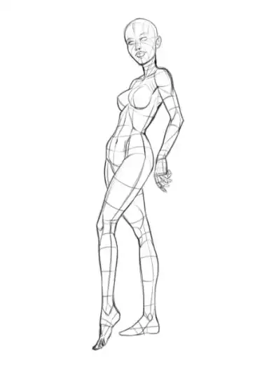 Sketch of a human figure in dynamic pose with grid lines, highlighting anatomy for drawing and artistic study.