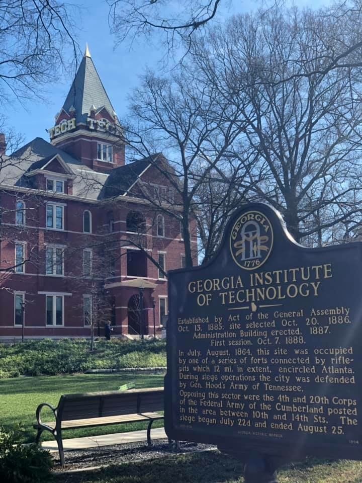 _ 3 Historic building and sign at Georgia Institute of Technology campus on a clear day, showcasing architectural details and heritage information. | Sky Rye Design Historic building and sign at Georgia Institute of Technology campus on a clear day, showcasing architectural details and heritage information.