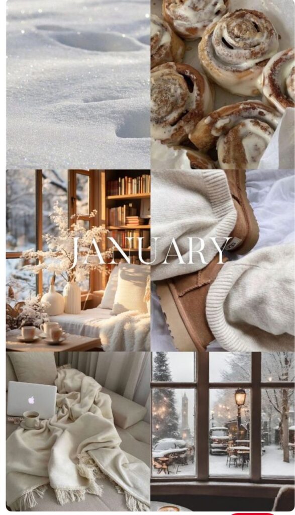 _ 3 Cozy January collage: snowy scenes, warm knitwear, cinnamon rolls, and a snug lounge. Perfect winter vibes and comfort. | Sky Rye Design Cozy January collage: snowy scenes, warm knitwear, cinnamon rolls, and a snug lounge. Perfect winter vibes and comfort.
