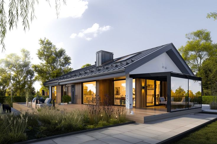 Modern single-story home with large windows, outdoor terrace, and garden in a serene setting at sunset. Perfect blend of