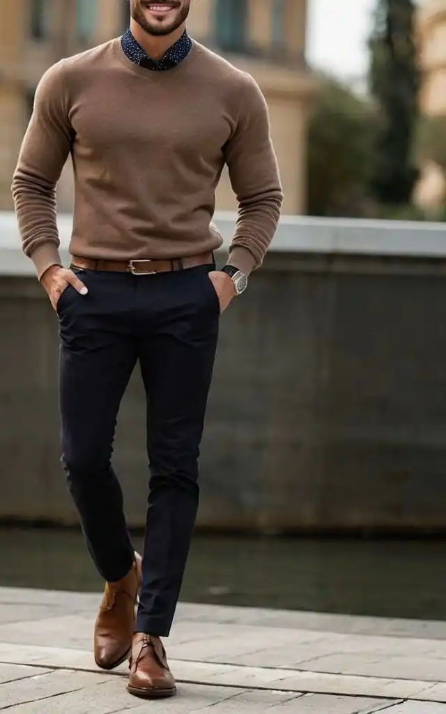 Man in stylish brown sweater with navy chinos and leather shoes, hand in pockets. Modern casual fashion for men.